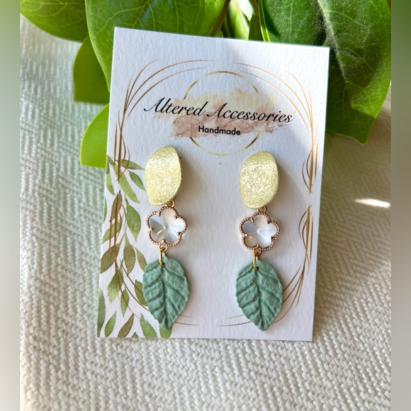 Altered Artistry Jewelry - Gold and Green Leaf Flower Earrings
